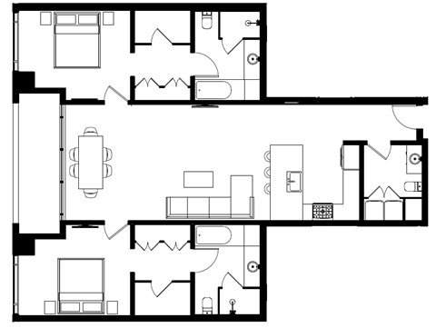 Floor plan for 2 beds, 2.5 baths, 1385 sqft